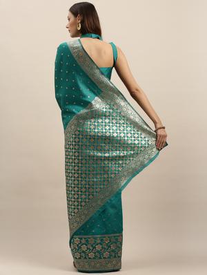 turquoise silk blend banarasi saree with blouse - 17257812 - Standard Image - 2