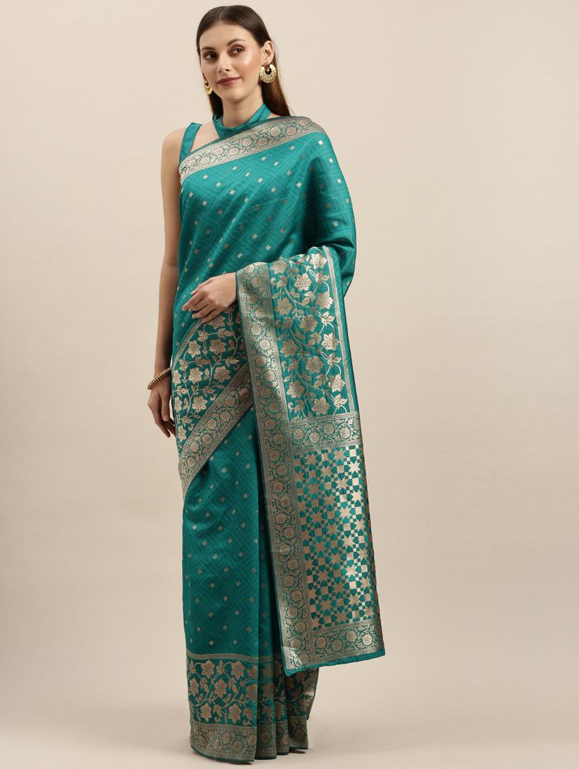 turquoise silk blend banarasi saree with blouse - 17257812 - Zoom Image - 1