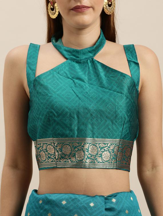 turquoise silk blend banarasi saree with blouse - 17257812 - Zoom Image - 3