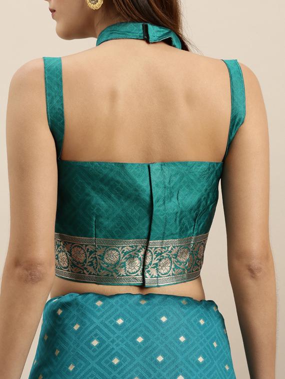 turquoise silk blend banarasi saree with blouse - 17257812 - Zoom Image - 4