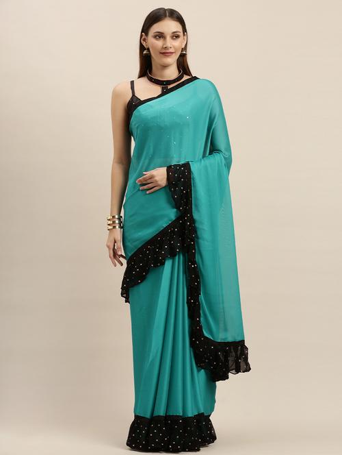 turquoise silk blend bordered saree with blouse - 17257830 - Standard Image - 1