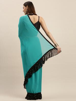 turquoise silk blend bordered saree with blouse - 17257830 - Standard Image - 2