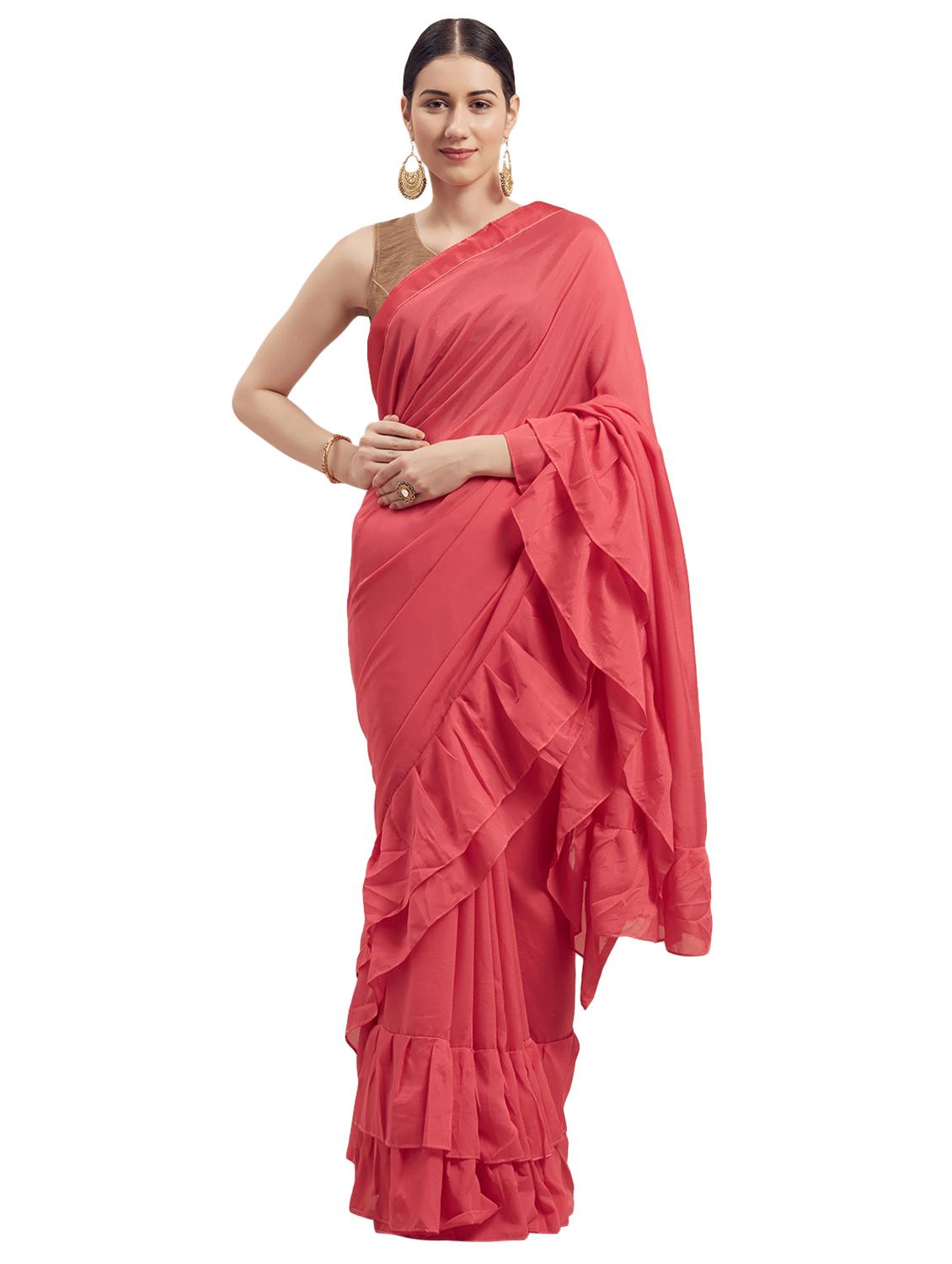 ruffle solid plain saree with blouse - 17260367 - Zoom Image - 1