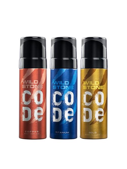wild stone code titanium, copper and gold body perfume for men 120ml (pack of 3) - 17260865 - Standard Image - 1