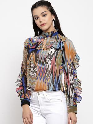 frill detail mandarin neck top - 17261784 - Standard Image - 2