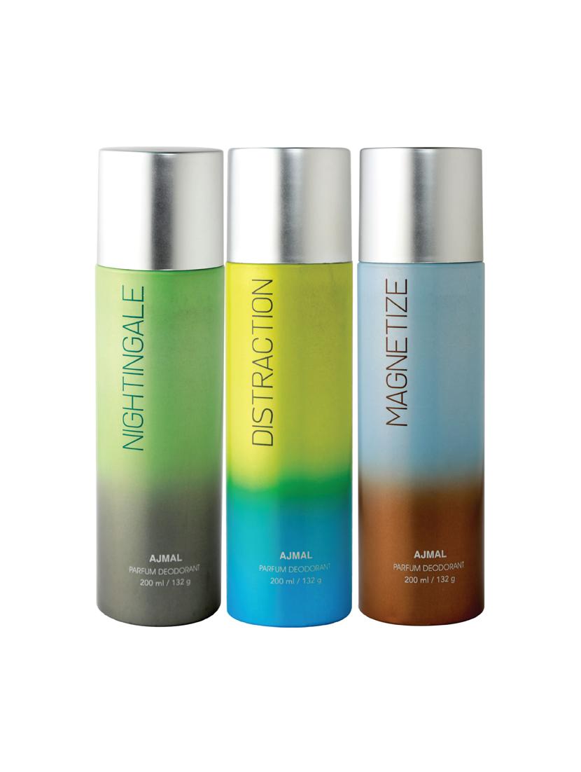 ajmal nightingale & distraction & magnetize deodorant pack of 3 deodorants 200ml each (total 600ml) for unisex + 4 tube testers - 17261946 - Zoom Image - 1