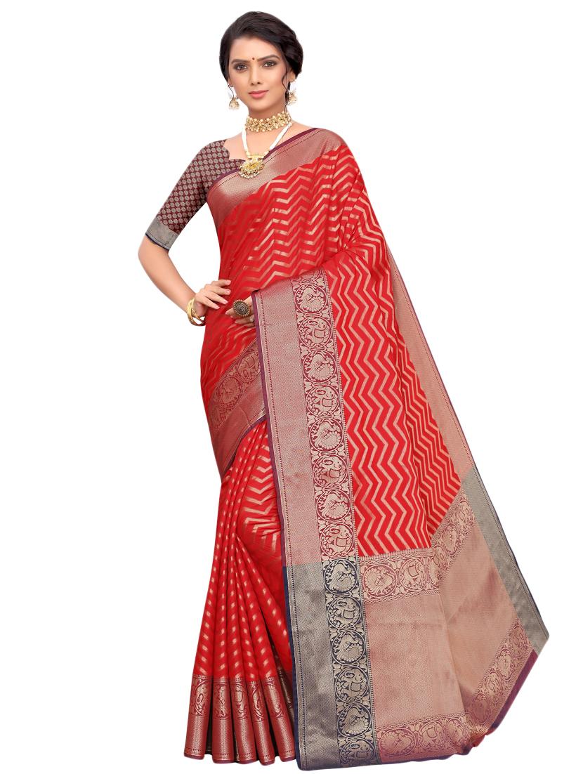 chevron bordered saree with blouse - 17262222 - Zoom Image - 1