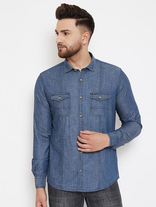 blue solid denim casual shirt - 17263495 - Standard Image - 1