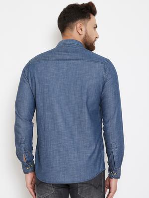 blue solid denim casual shirt - 17263495 - Standard Image - 3