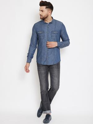 blue solid denim casual shirt - 17263495 - Standard Image - 4
