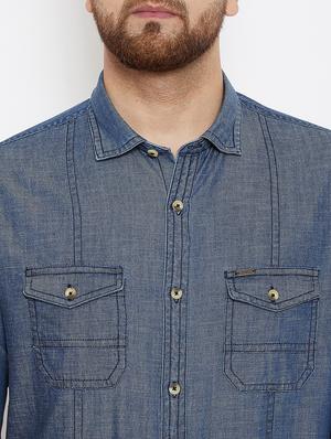 blue solid denim casual shirt - 17263495 - Standard Image - 5