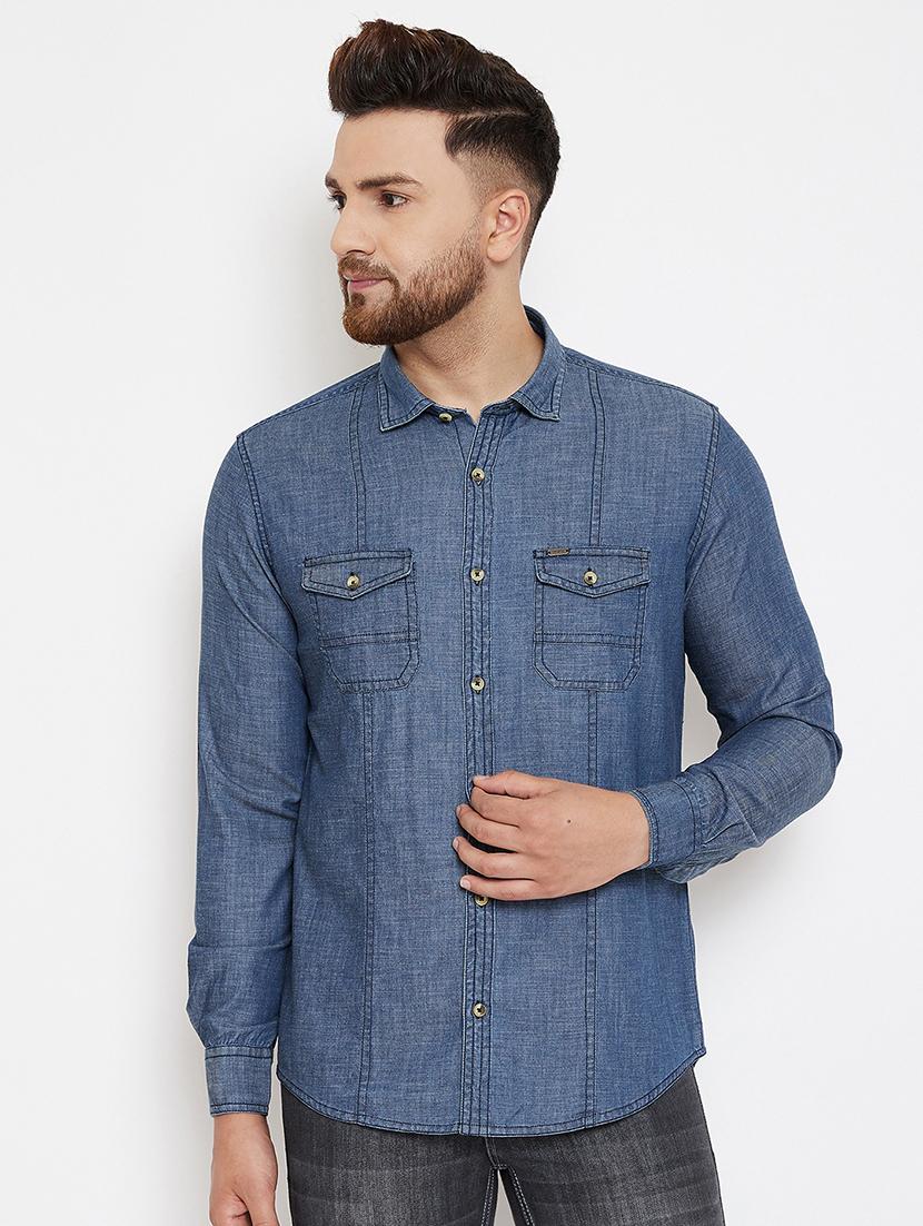 blue solid denim casual shirt - 17263495 - Zoom Image - 1