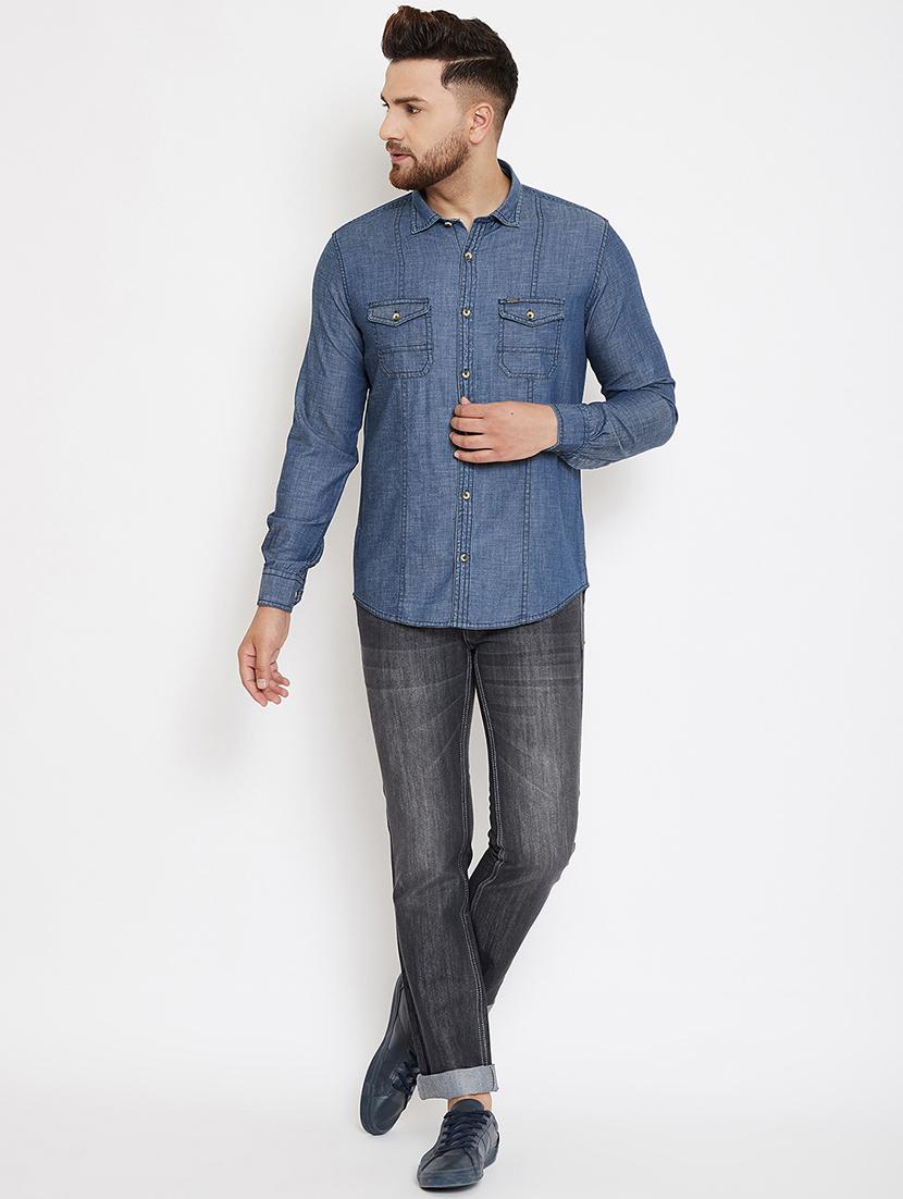 blue solid denim casual shirt - 17263495 - Zoom Image - 4