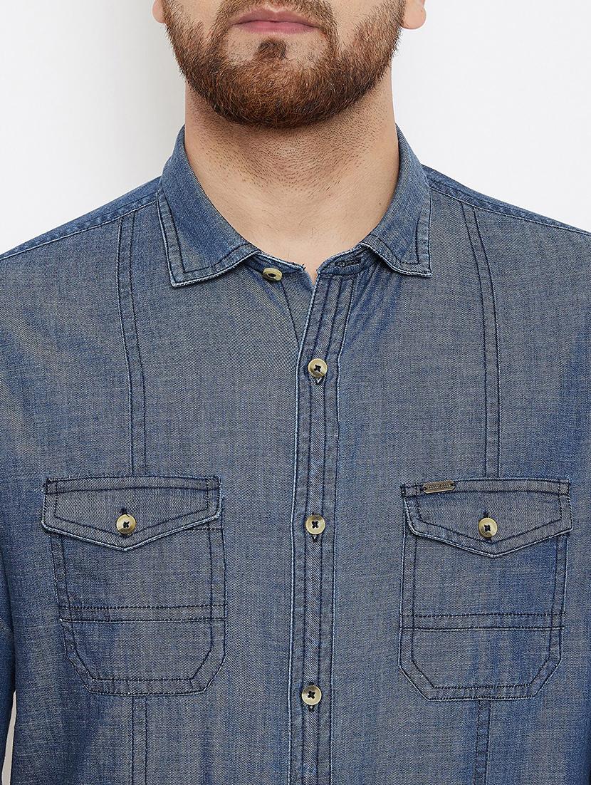 blue solid denim casual shirt - 17263495 - Zoom Image - 5