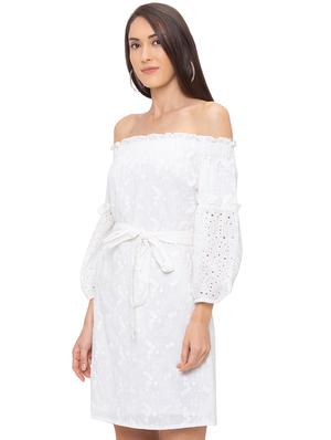 off shoulder schiffli a-line dress - 17264072 - Standard Image - 2