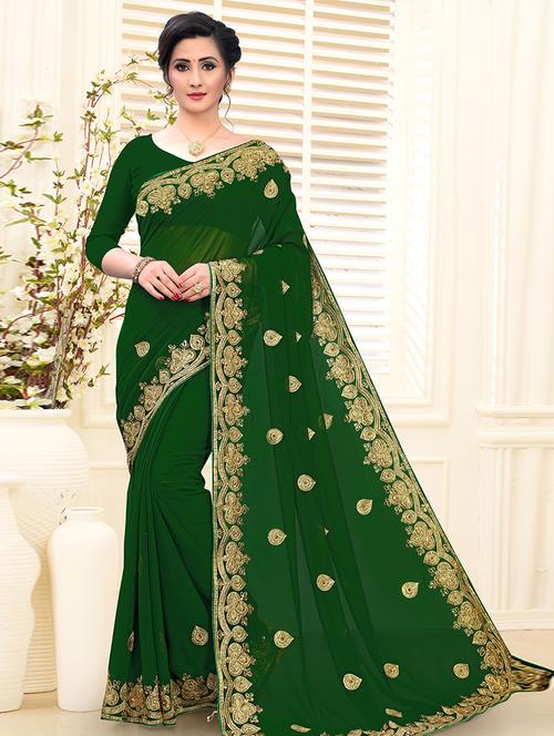 bottle green embroidered saree with blouse - 17264349 - Standard Image - 1