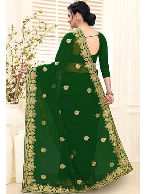 bottle green embroidered saree with blouse - 17264349 - Standard Image - 2