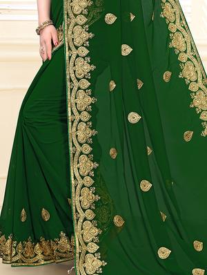bottle green embroidered saree with blouse - 17264349 - Standard Image - 5