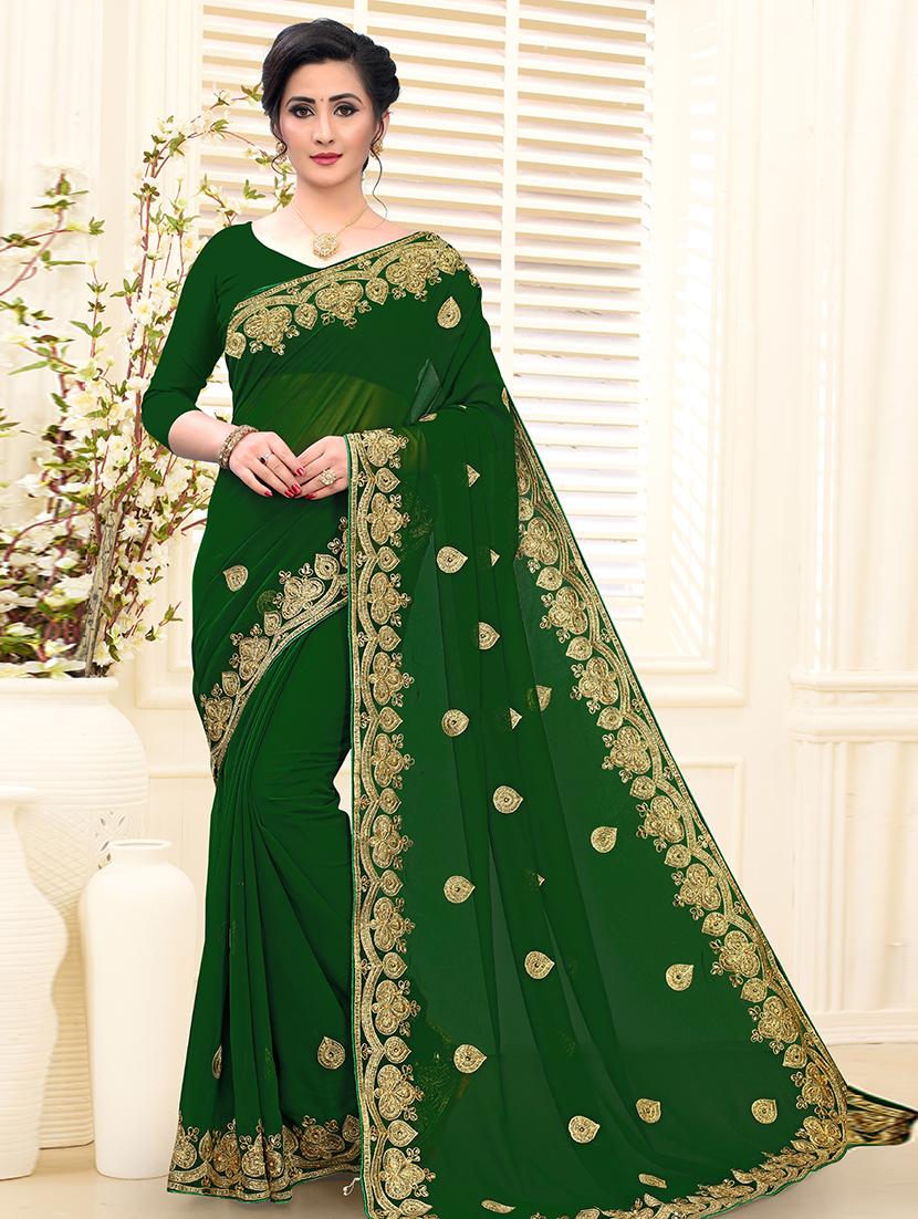 bottle green embroidered saree with blouse - 17264349 - Zoom Image - 1