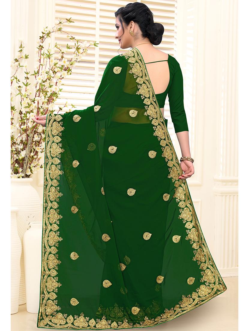 bottle green embroidered saree with blouse - 17264349 - Zoom Image - 2