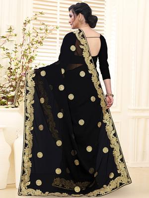 black georgette embroidered saree with blouse - 17264352 - Standard Image - 2