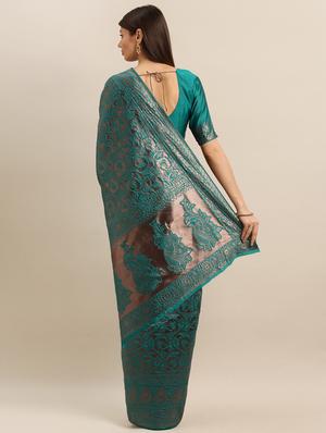 teal banarasi saree with blouse - 17265123 - Standard Image - 2
