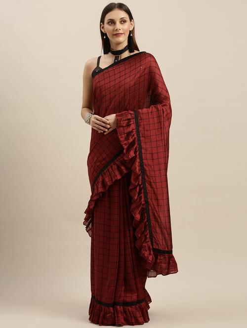maroon silk blend fusion saree with blouse - 17265189 - Standard Image - 1