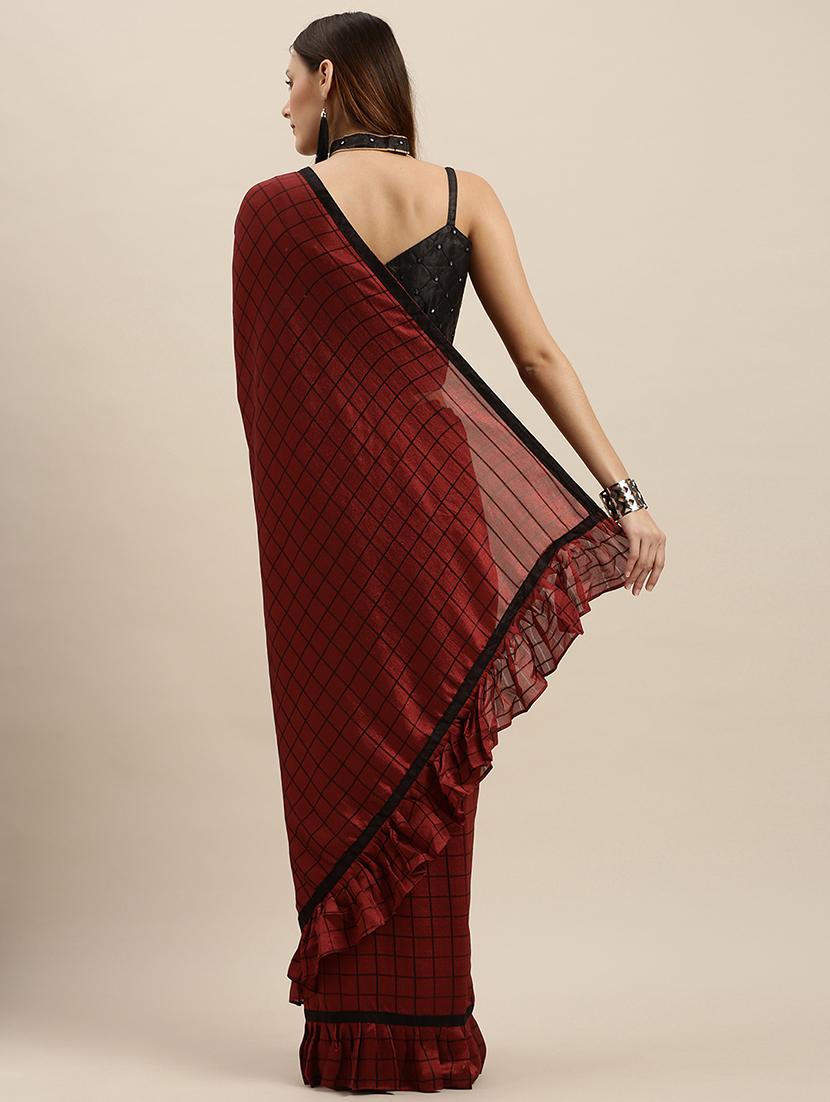 maroon silk blend fusion saree with blouse - 17265189 - Zoom Image - 2