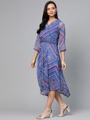 lace insert printed asymmetric dress - 17266439 - Standard Image - 2