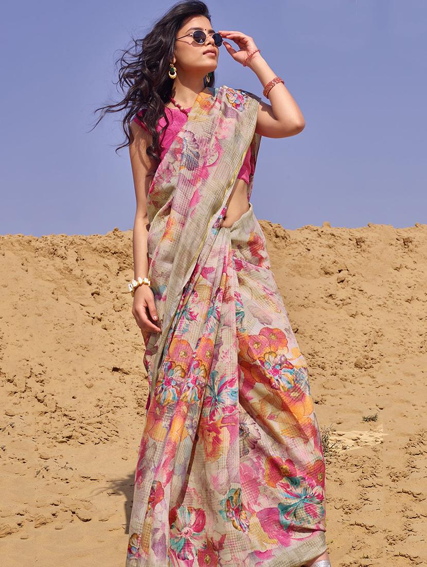 floral printed saree with blouse - 17267298 - Zoom Image - 2