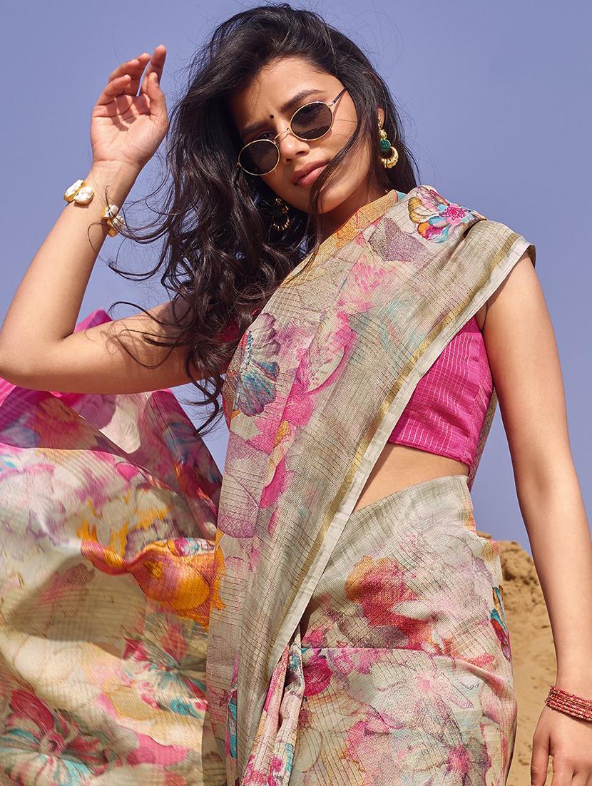 floral printed saree with blouse - 17267298 - Zoom Image - 3