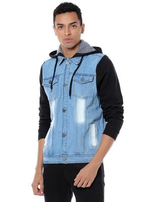 blue color block washed denim jacket - 17267571 - Standard Image - 2