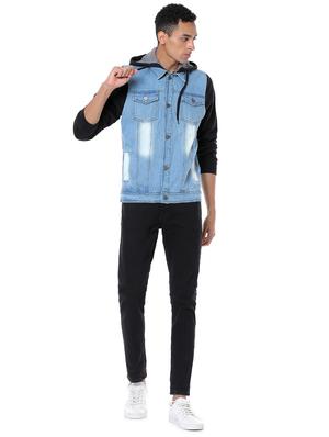 blue color block washed denim jacket - 17267571 - Standard Image - 4