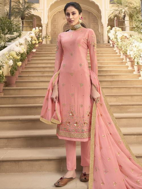 embroidered straight pant unstitched suit - 17273323 - Standard Image - 1
