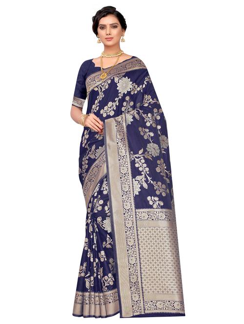 navy silk blend woven saree with blouse - 17274017 - Standard Image - 1