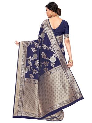 navy silk blend woven saree with blouse - 17274017 - Standard Image - 2