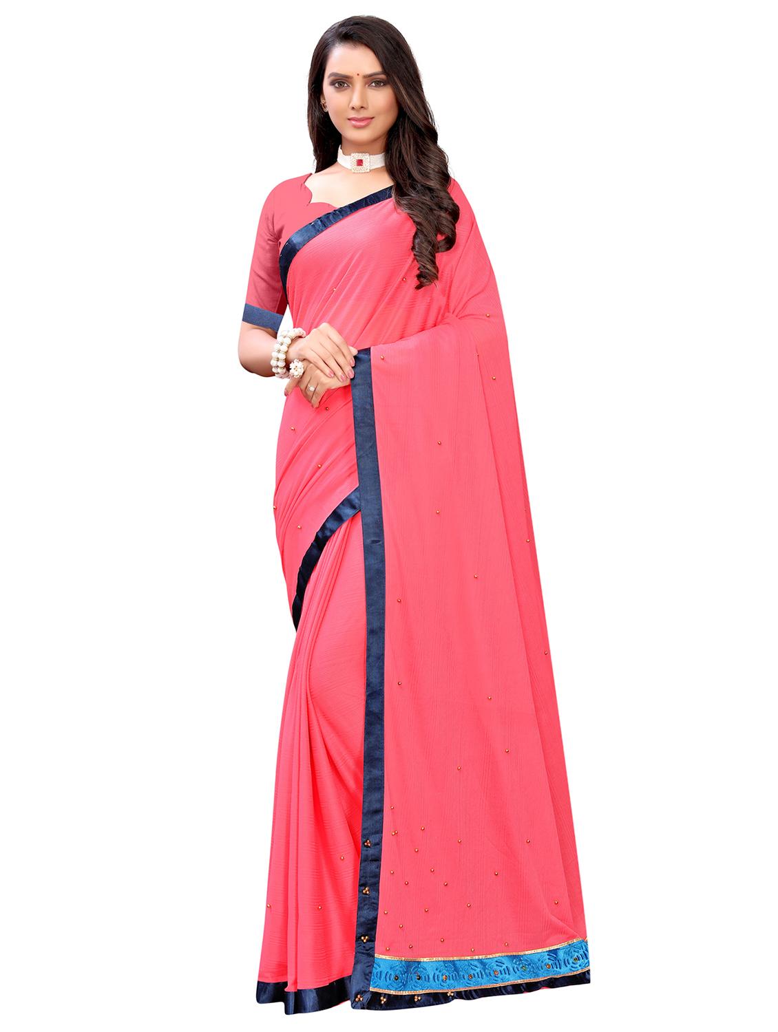 solid embellished bordered saree with blouse - 17274132 - Zoom Image - 1