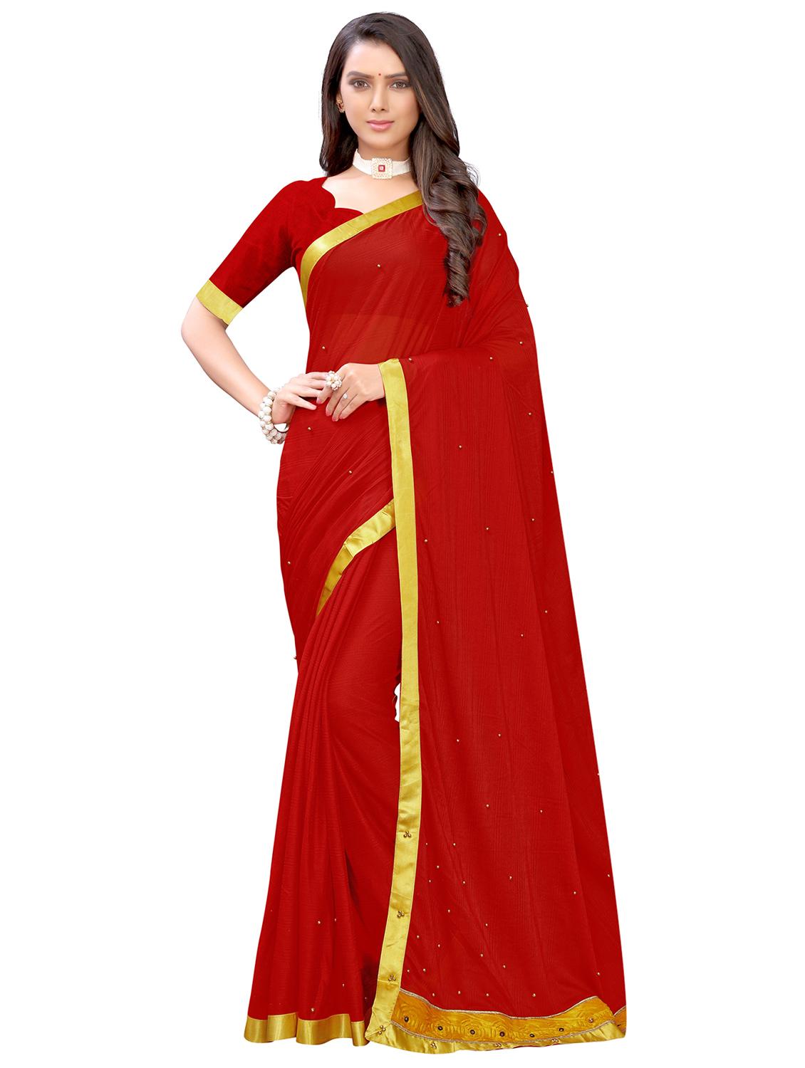 solid embellished bordered saree with blouse - 17274133 - Zoom Image - 1