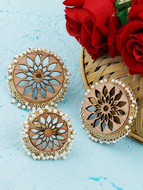 brown colored wood studs earring with ring - 17274331 - Standard Image - 1
