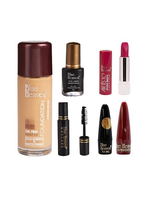 blue heaven pack of foundation,eyeliner,mascara,kajal,sindoor,artisto velvet lipstick shade-404 - 17274772 - Very Small Image - 1