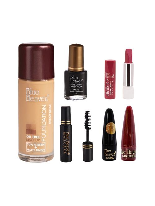 blue heaven pack of foundation,eyeliner,mascara,kajal,sindoor,artisto velvet lipstick shade-418 - 17274800 - Very Small Image - 1