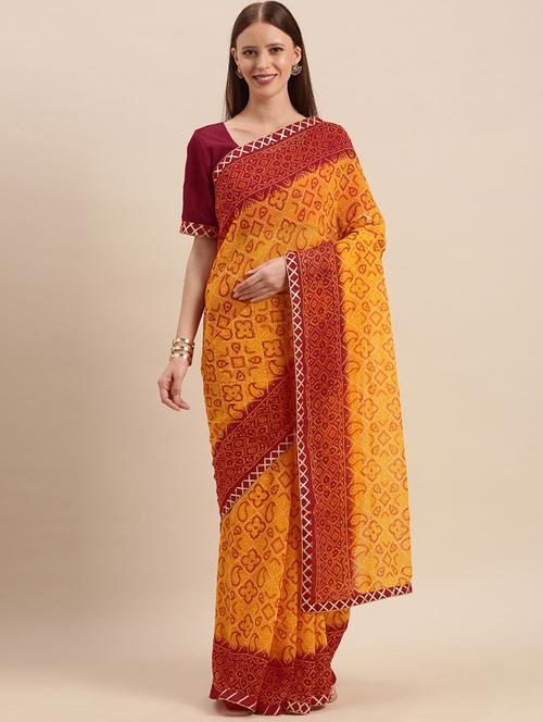 printed bandhani saree with blouse - 17275692 - Very Small Image - 1