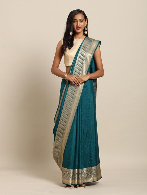 teal plain saree with blouse - 17275697 - Standard Image - 1