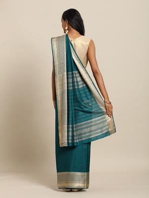 teal plain saree with blouse - 17275697 - Standard Image - 2