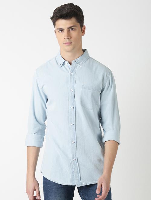 blue solid denim casual shirt - 17277658 - Standard Image - 1