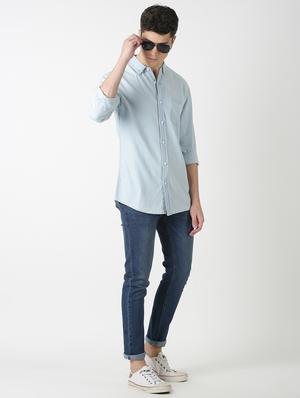 blue solid denim casual shirt - 17277658 - Standard Image - 4