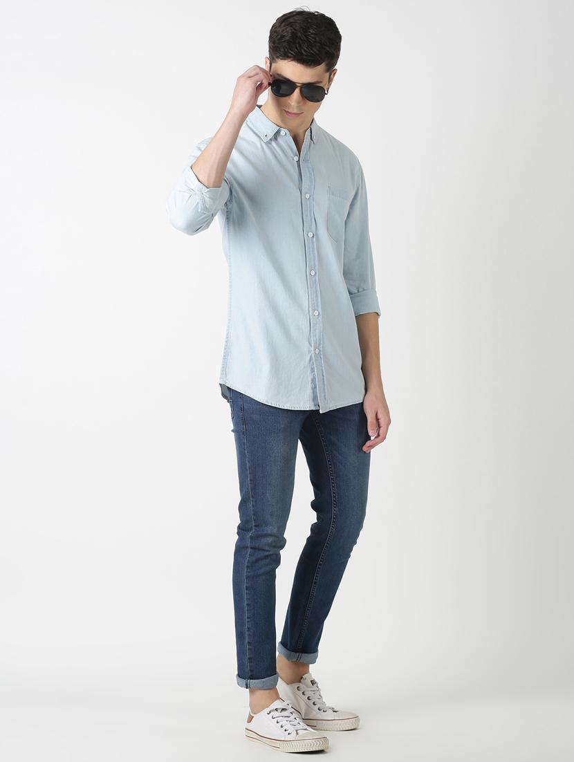 blue solid denim casual shirt - 17277658 - Zoom Image - 4