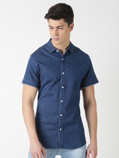 blue solid denim casual shirt - 17277661 - Standard Image - 1