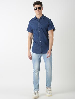 blue solid denim casual shirt - 17277661 - Standard Image - 4