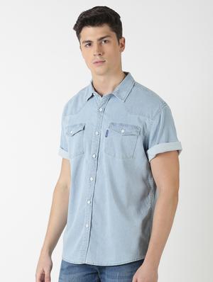 blue solid denim casual shirt - 17277664 - Standard Image - 2